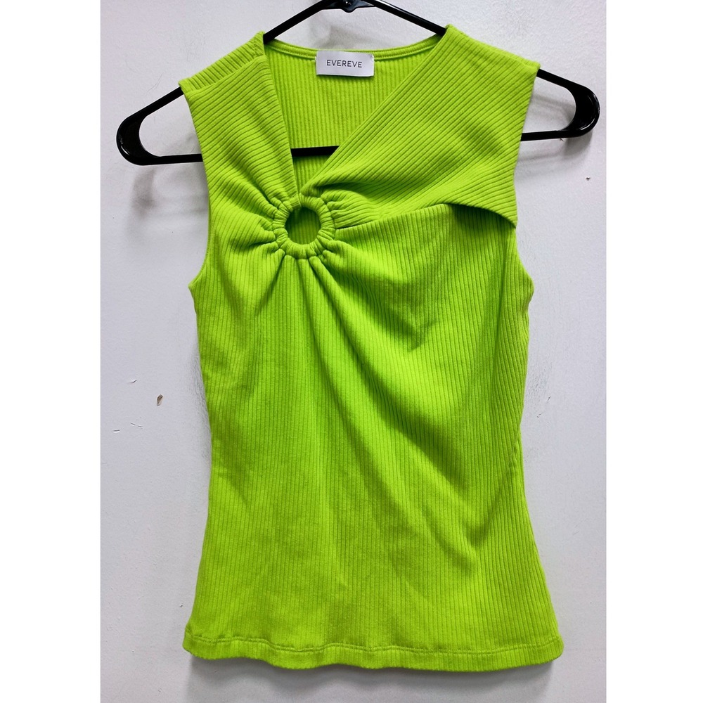 Evereve Tank Top Womens Small Green Ribbed O-Ring Cutout Coquette Casual